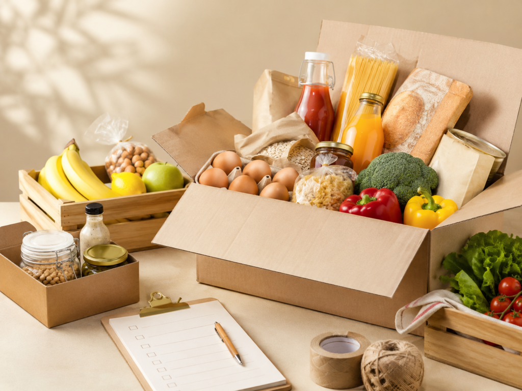Paket belanja harian OVEGI berisi buah, sayur, telur, roti, dan bahan makanan pilihan