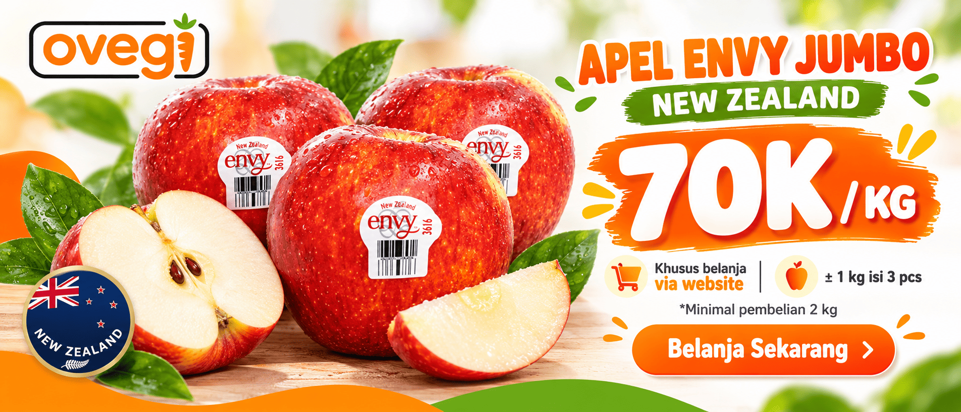 Banner promo Apel Envy Jumbo New Zealand di OVEGI Surabaya, harga Rp70.000/kg untuk pembelian minimal 2 kg.